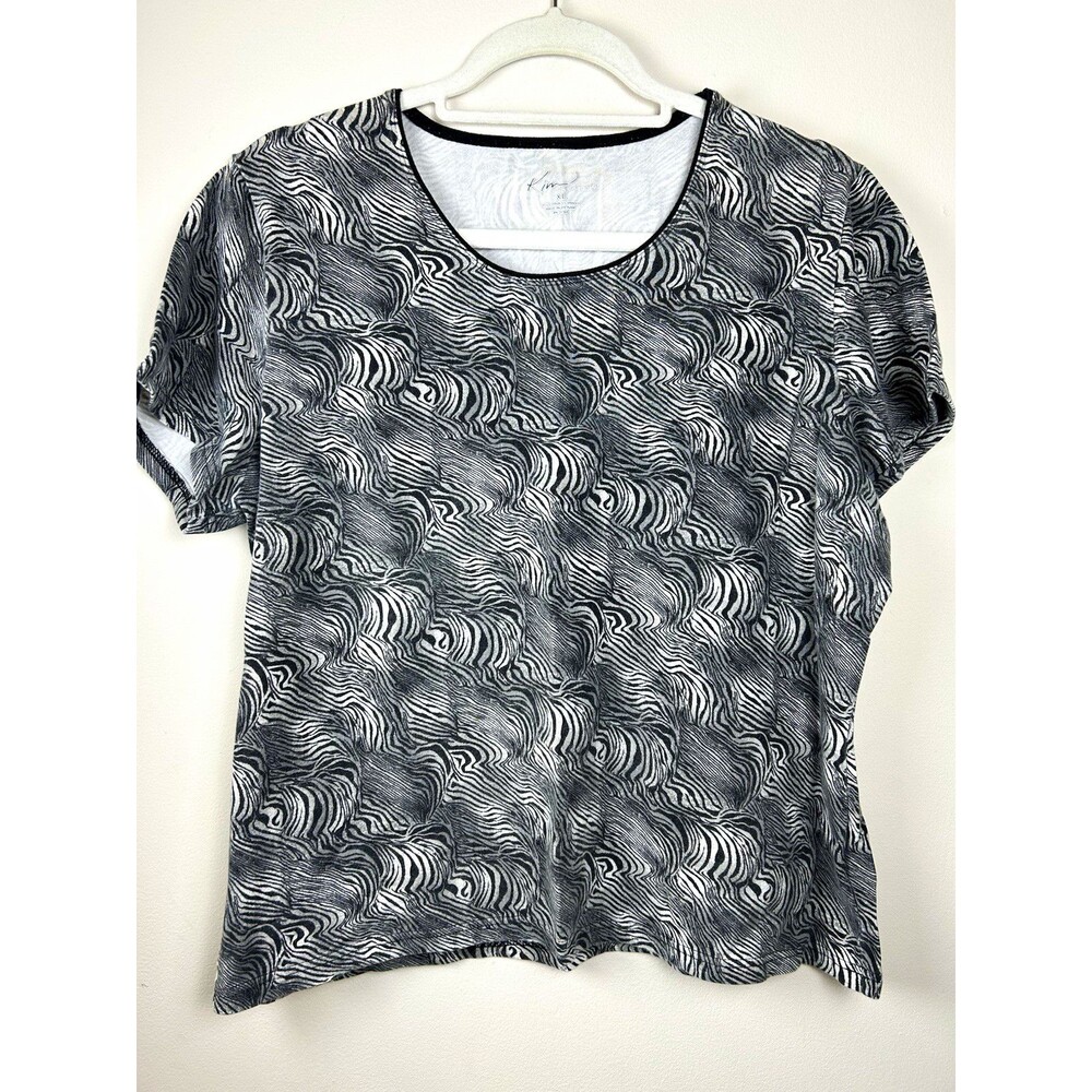 Kim Rogers Women’s Blouse XL Black White Abstract Wavy Swirl Top Short Sleeve